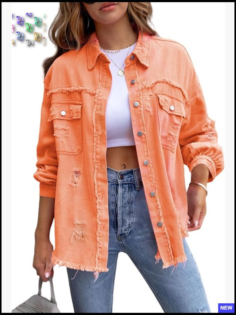 Oversized Distressed Denim Shacket Button Front Frayed Hem Boyfriend Jacket